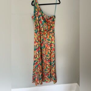 Nicole Miller Tropical Floral One Shoulder Maxi Dress Side Slit Women’s Size 14